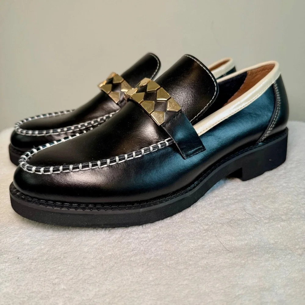 All Black Leather Clip & Stitch Slip On Loafers Contrast Stitching Size 40